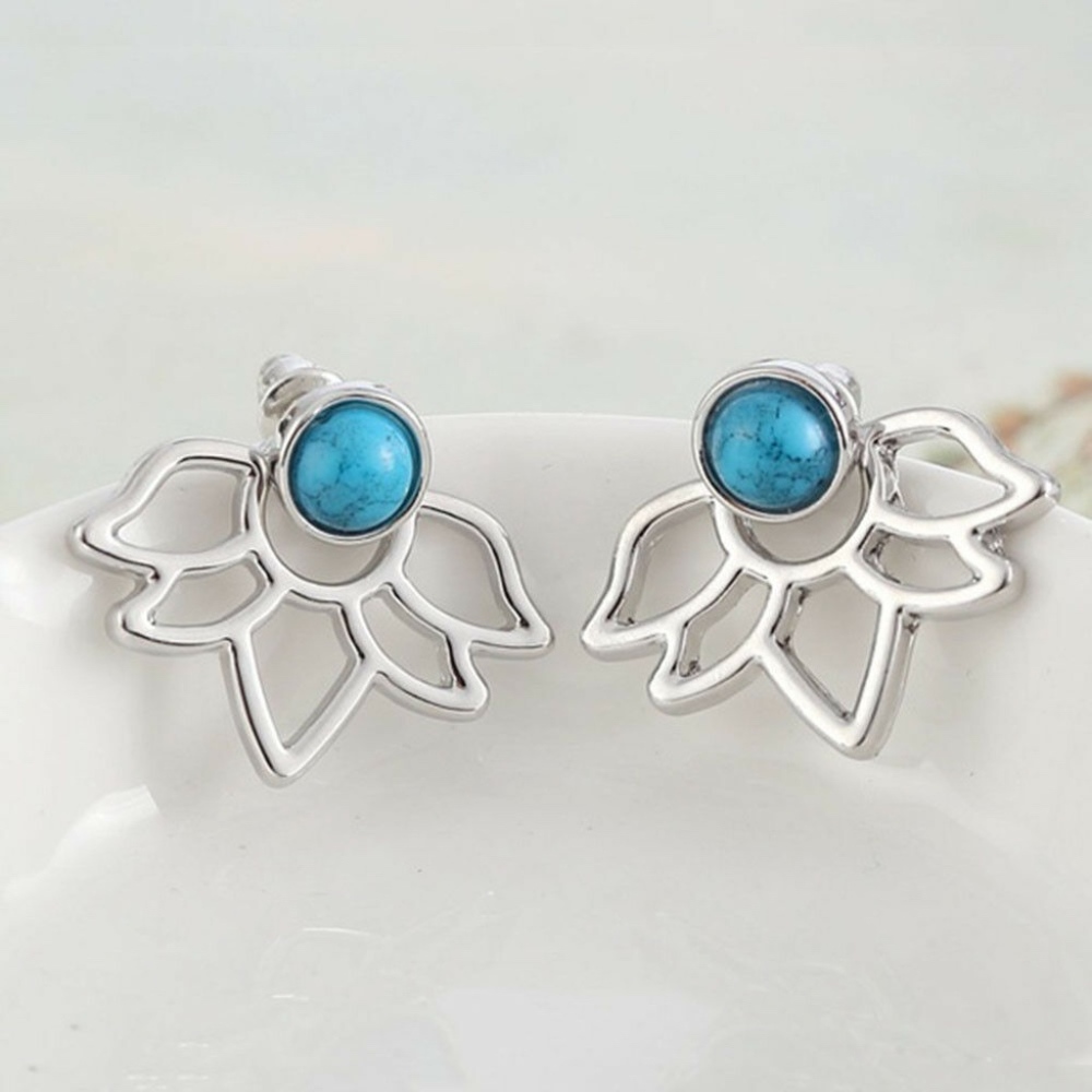 Silver Lotus Flower Blue Stone Jacket Earring - Picture 3 of 5